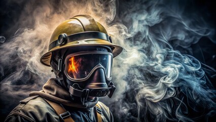 Obraz premium Dramatic dark background with swirls of smoke, illuminated by faint light, featuring a solitary firefighter's helmet and smoke mask.