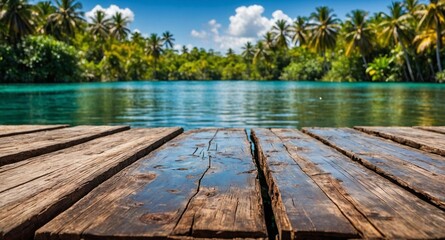rustic wooden table and, in the background, a tropical lagoon blurred with nature, water lilies, vegetation, and sky, to use as a background for products.