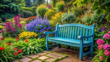 Obraz premium Isolated serene blue wooden garden bench surrounded by lush greenery and vibrant flowers in a tranquil outdoor setting.