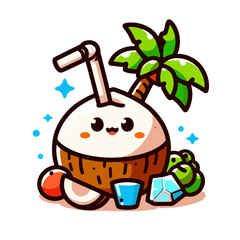 Coconut drink with straw and coconut pieces, perfect for tropical beverage concepts, summer promotions, food and beverage blogs, and travel themes.
