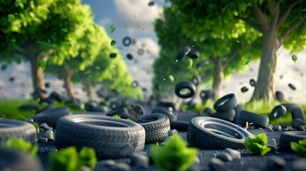 An ecological theory tire scraps at a metal recycling yard,
A dump for tires from cars

