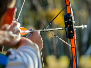 Archery aim and shooting range sports training with a woman ,
Archer holds his bow aiming at the target outdoor activity.
