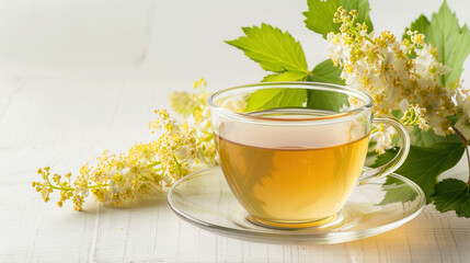 Cup of Elderflower Tea with Blooming Flowers