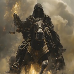 The Third of the Four Horsemen of the Apocalypse, Carrying Scales and Riding a Black Horse Symbolizing Famine. Bible illustration from the Book of Revelation