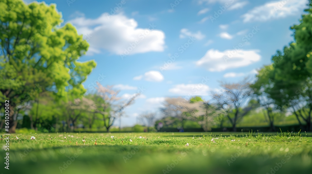 Aufkleber beautiful blurred background image of spring nature with a neatly trimmed lawn surrounded by trees a