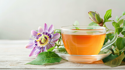 Passionflower Tea and Flower on White Wooden Table