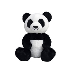 A cute plush panda bear with black and white fur sits with a friendly smile.