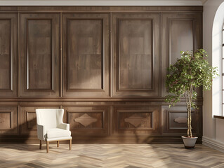 Wood Panel Wall Classic Luxury Room with Walnut ,
An empty room with a chandelier and a window
