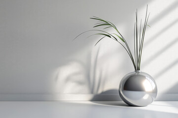 Minimalist interior design featuring silver vase and delicate plant