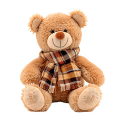A brown teddy bear with a plaid scarf, sitting with a smile.