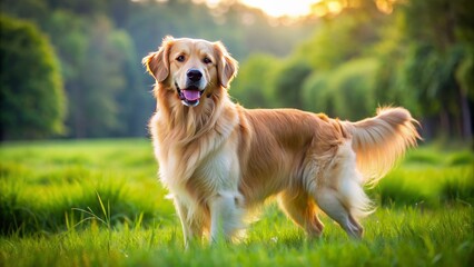 Obraz premium Adorable fluffy golden retriever dog with floppy ears and wagging tail stands alone on a lush green grassy meadow background.