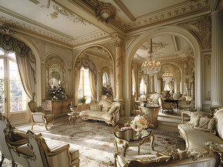 illustration of the living room interior,
windows in art nouveau style with stained glass