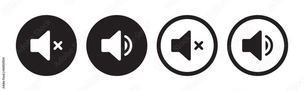 Poster silent and ring speaker icon set with simple and stroke style in black and white color vector illust