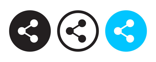 Share icon set in simple and stroke style in circle with black and blue color. Connection icon. Share icon vector. Connect, data sharing, link symbol, network share, share icon button set.