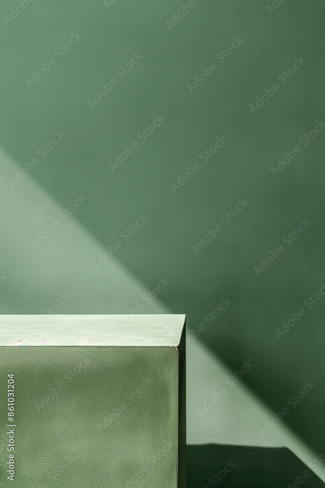 Poster minimalist green cube product display platform with sunlight shadow