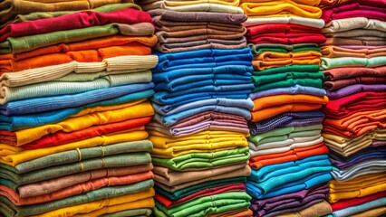 Vibrant heap of assorted cotton garments in varying hues and textures, neatly arranged in a colorful stack, awaiting organization.