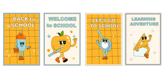 School posters set with groovy characters. Stationery with y2k school elements background. Retro 60s and 70s, y2k vertical banners set for Back to school.