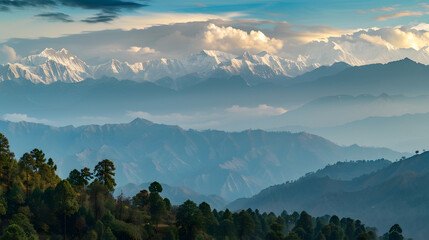 Panoramic landscape of great Himalayas mountain range during an autumn morning from Kausani also known as Switzerland of India a hill station in Bageshwar district Uttarakhand India : Generative AI
