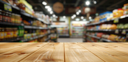 Empty wooden table on blurred grocery store background