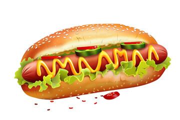 A delicious hotdog topped with mustard, lettuce, and slices of jalapenos in a sesame seed bun, perfect for a quick and tasty meal.
