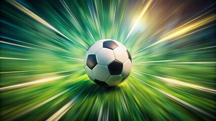 Fototapeta premium Speed-blurred, isolated, green-grass background, dominant soccer ball, dramatic lighting, intense motion effect.