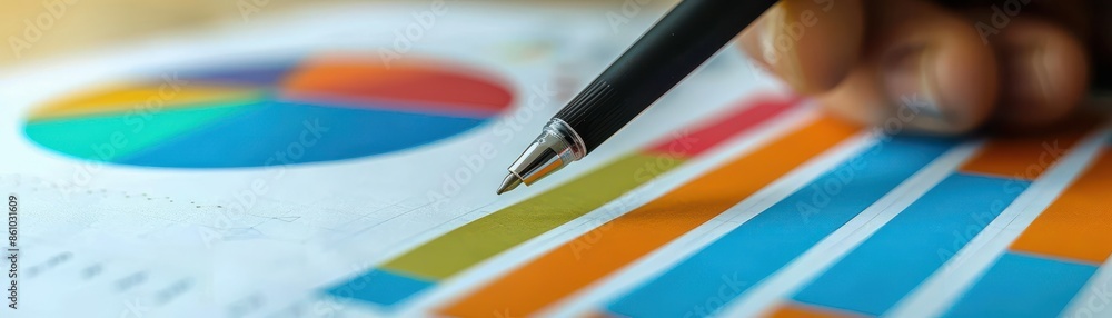 Aufkleber close-up of a hand holding a pen and analyzing colorful business charts and graphs on a sheet of pap