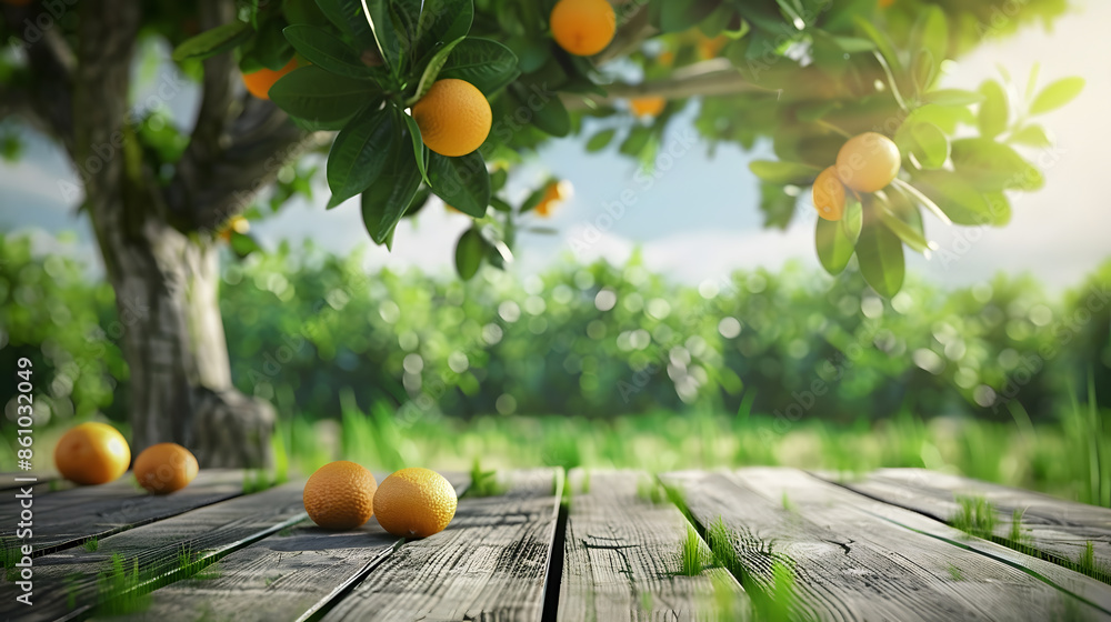 Poster tree table wood podium in farm display for food perfume and other products on nature background tabl