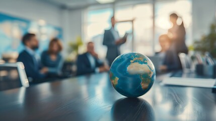 Photo of business team meeting with a globe on the table in an office, focusing on the planet Earth and blurred people at work during a conference or group business training for travel company ideas c