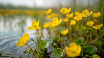 Yellow Flowers Blooming in a Pond