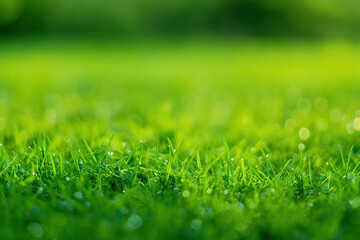 Fototapeta premium Fresh green grass blades growing on lawn with dew drops in backlight