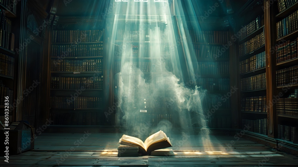 Poster illuminated open book in darkened library radiates mystery and knowledge