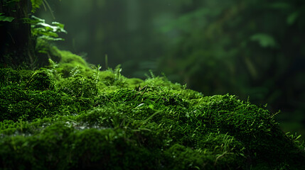 Fototapeta premium Green moss and background Backdrop for displaying products Dark forest background : Generative AI