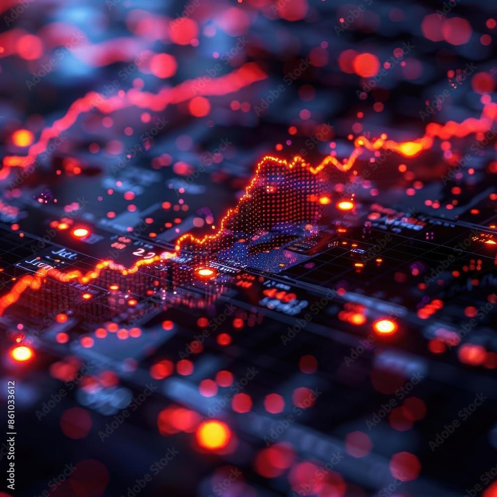 Poster futuristic digital graph with glowing red lights, representing stock market data and financial analy