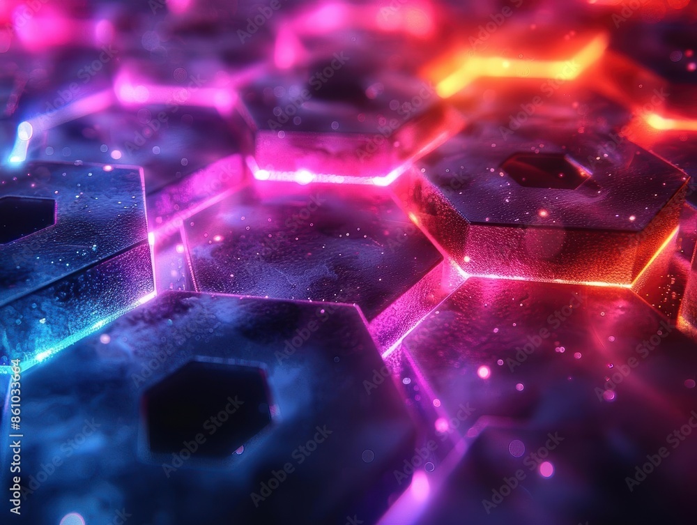 Poster colorful, glowing hexagon pattern background with a futuristic and abstract design, in vivid neon hu