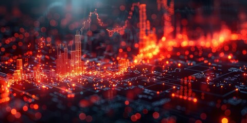 Fototapeta premium Abstract digital financial data visualization with red glowing graphs and futuristic technology. Ideal for finance, tech, and data analytics usage.
