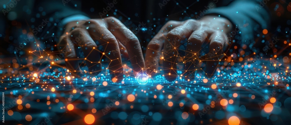 Poster hands typing on futuristic glowing keyboard with digital connections, representing technology, innov