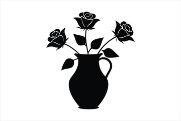 a black silhouette of rose flowers with vase vector art illustration