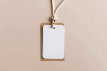 blank name tag with lanyard on beige background