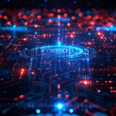 Obraz premium Abstract futuristic digital circuit board with glowing blue and red lights, representing technology and data communication.