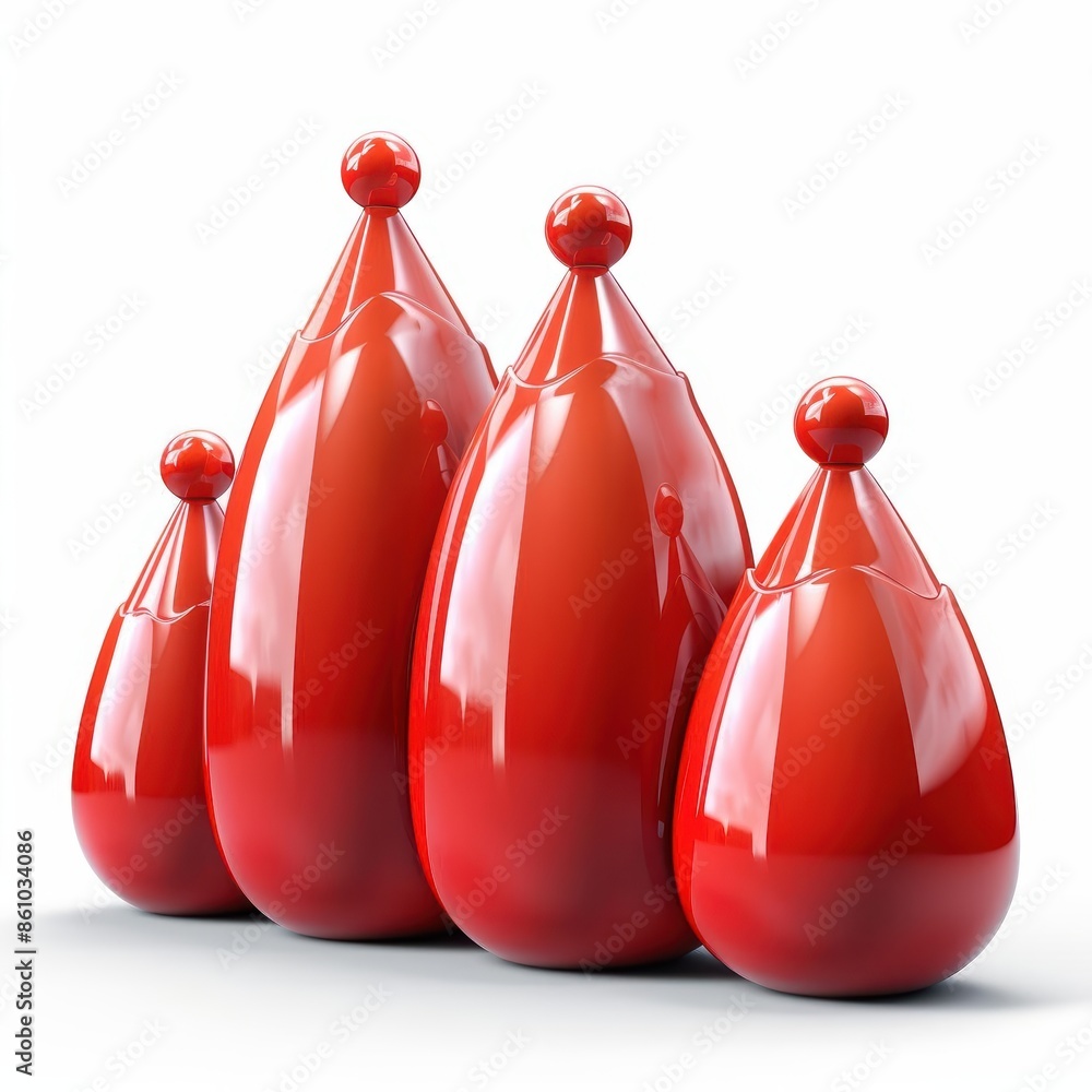 Poster a set of four glossy red abstract sculptures with rounded shapes and pointed tops arranged in a neat