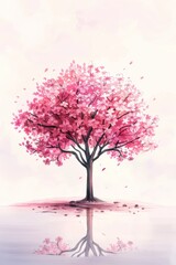 Obraz premium Beautiful pink cherry blossom tree reflecting in the water, isolated on a serene pastel background, symbolizing tranquility and nature's beauty.