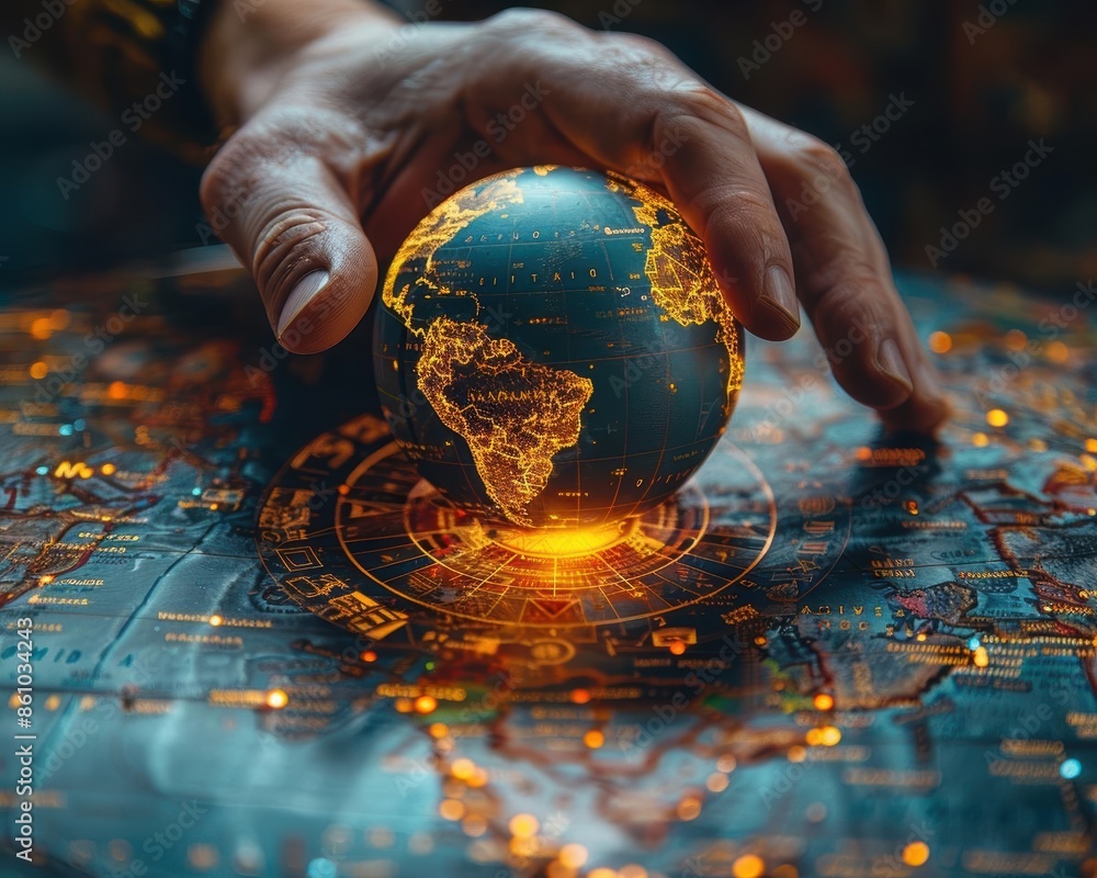 Poster hand holding a digital globe, illuminating a futuristic map with vibrant data points, symbolizing gl