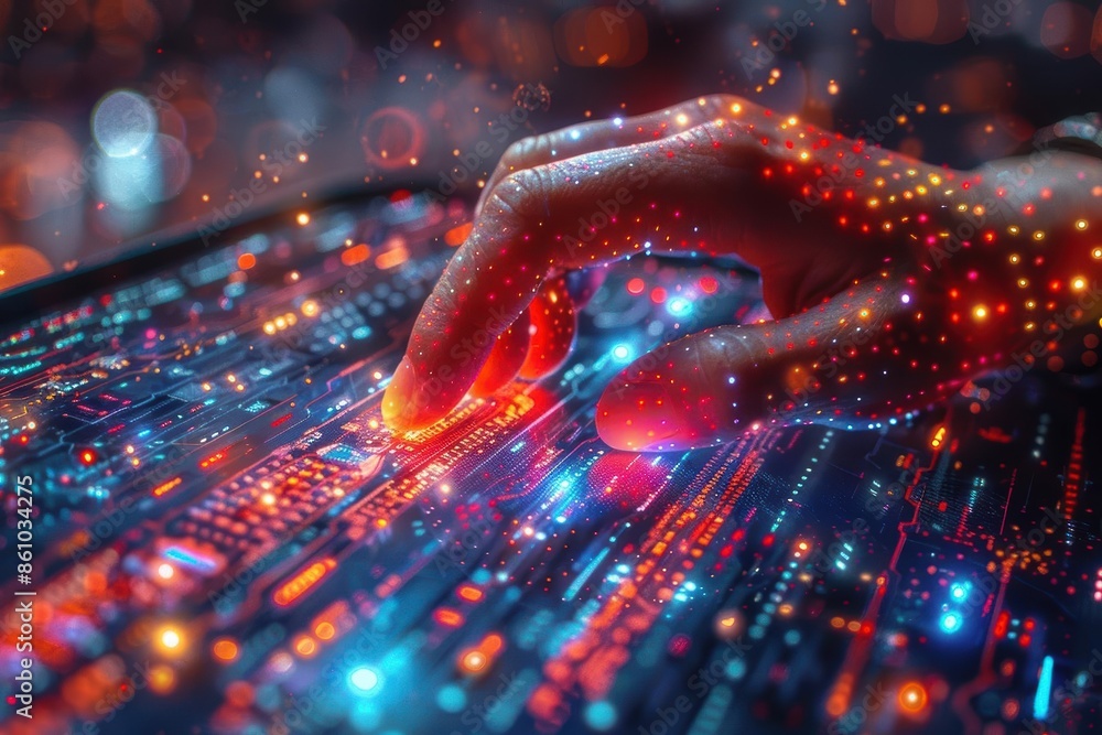 Poster close-up of a hand interacting with a futuristic touchscreen interface, symbolizing digital technolo