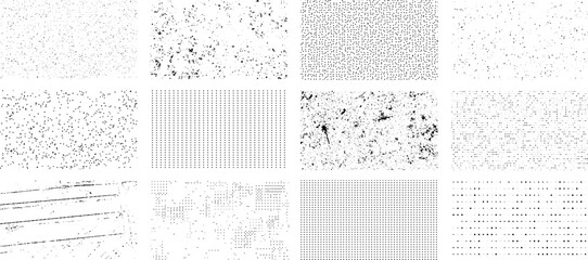 Overlay textures set stamp with grunge effect. Old damage Dirty grainy and scratches. Set of different distressed black grain texture. Distress overlay vector textures.	