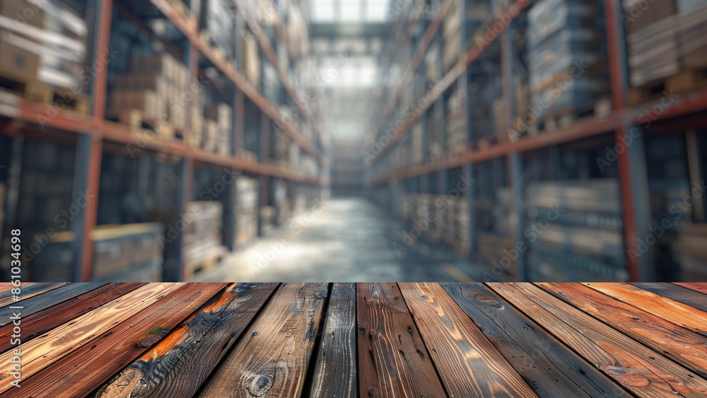 Poster empty wood table top with blur background of warehouse of factory. the table giving copy space for p