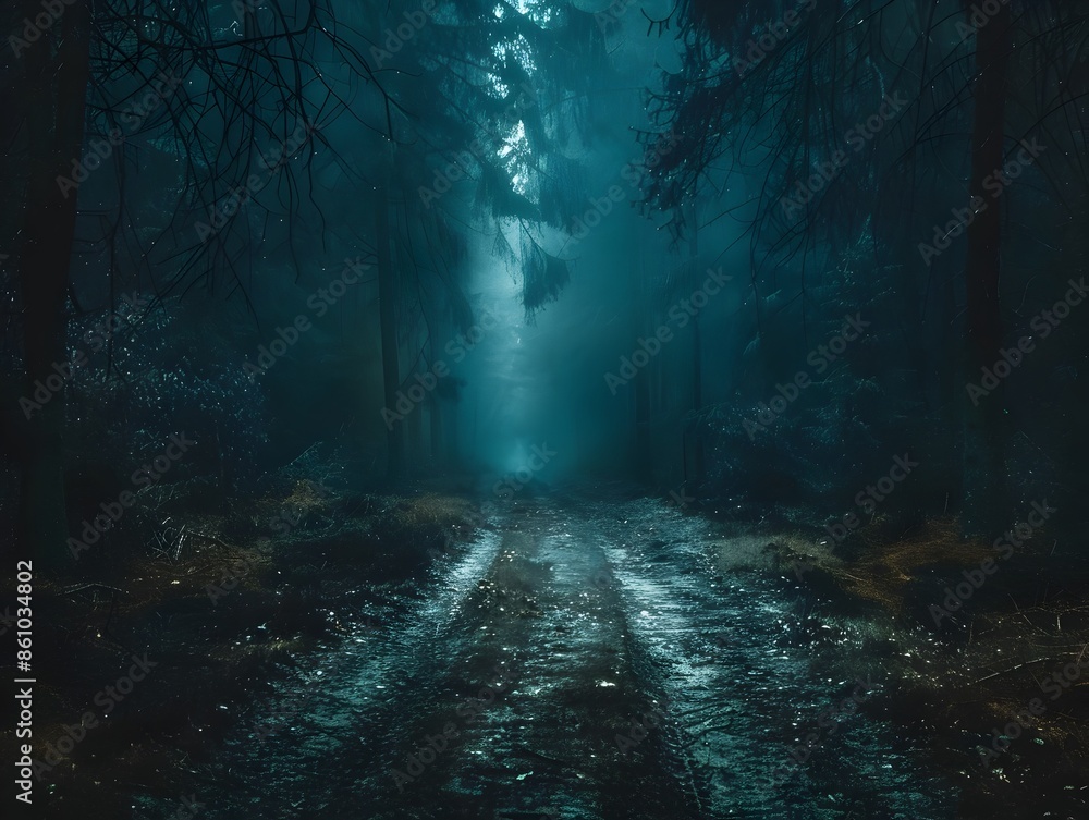 Poster Shadowy Forest Path Leads to Faint Light in the Distance Beckoning a Journey into the Unknown