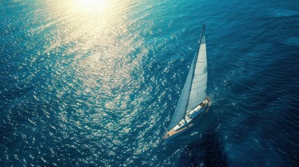 A sailing boat gliding on a sparkling blue ocean under the bright sun, captured from an aerial perspective.