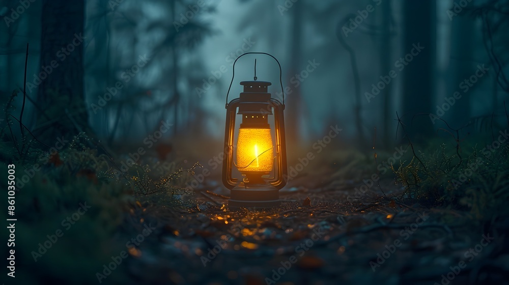 Poster lone lantern illuminating mysterious path in dark forest guiding the way through the unknown