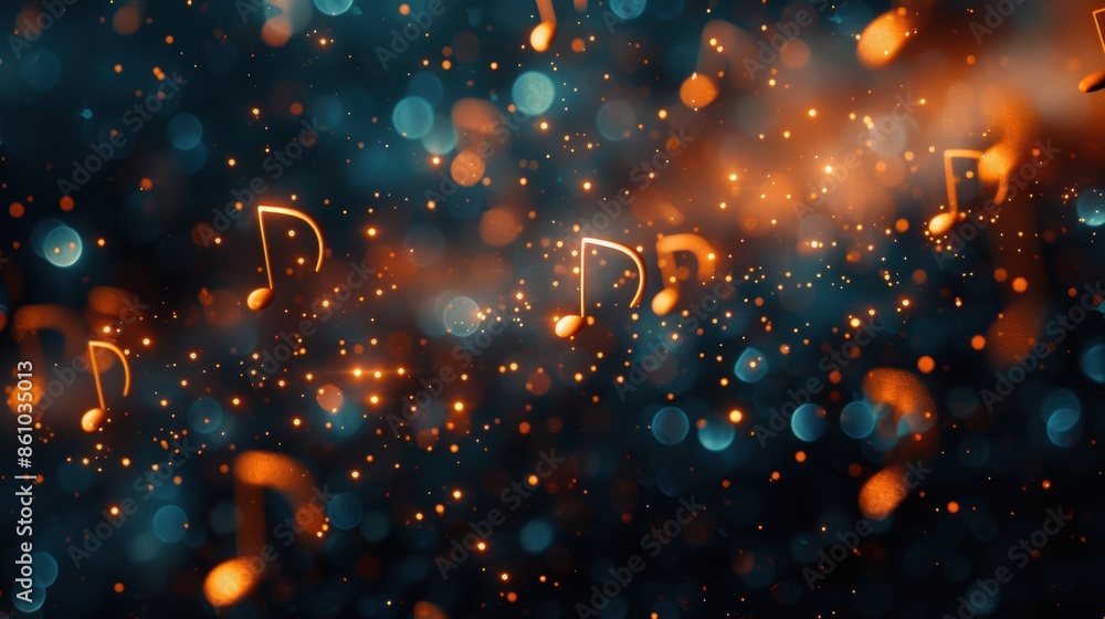 Poster dynamic abstract image of musical notes floating amidst vibrant bokeh lights, creating an energetic 