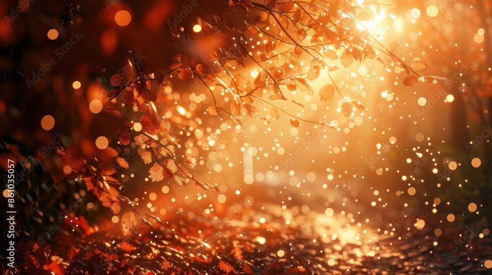 Poster beautiful golden autumn leaves with bokeh lights, creating a warm and enchanting scene capturing the